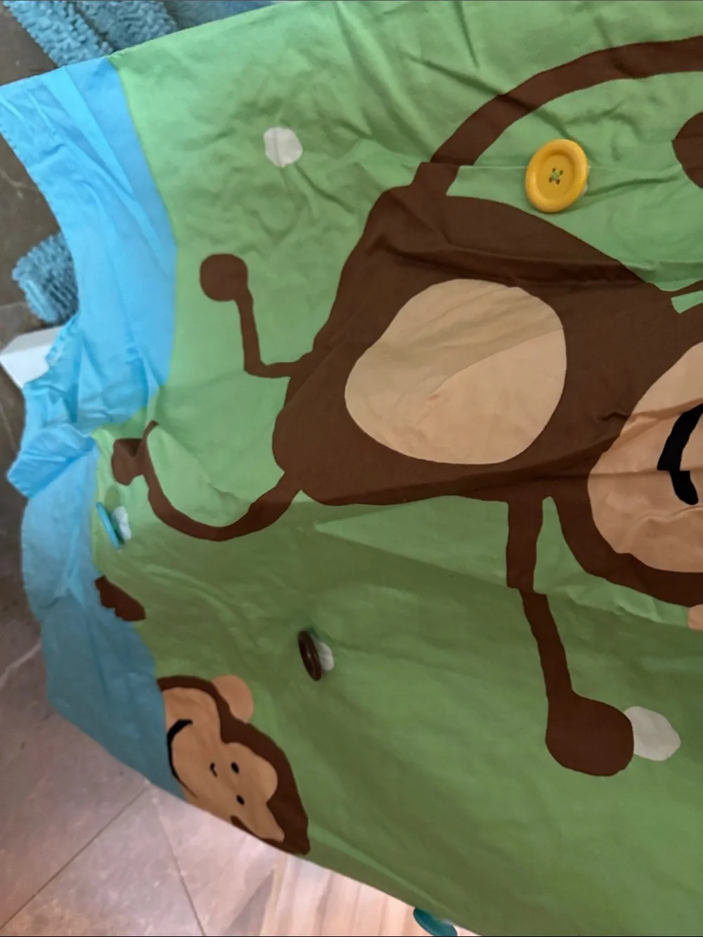 2 Monkey Hanging  shower curtain  Green and Blue